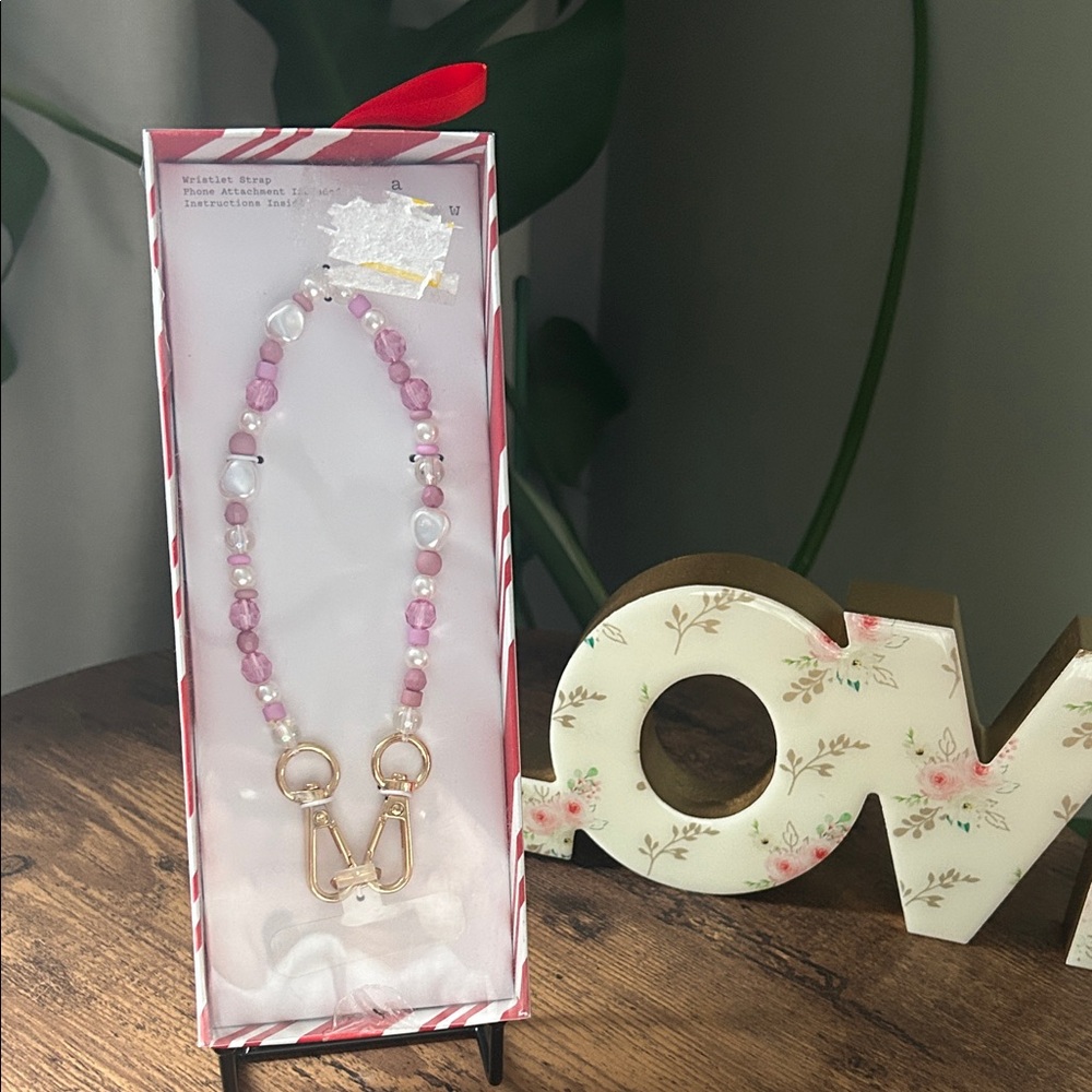Pink and Gold Beaded Phone Lanyard